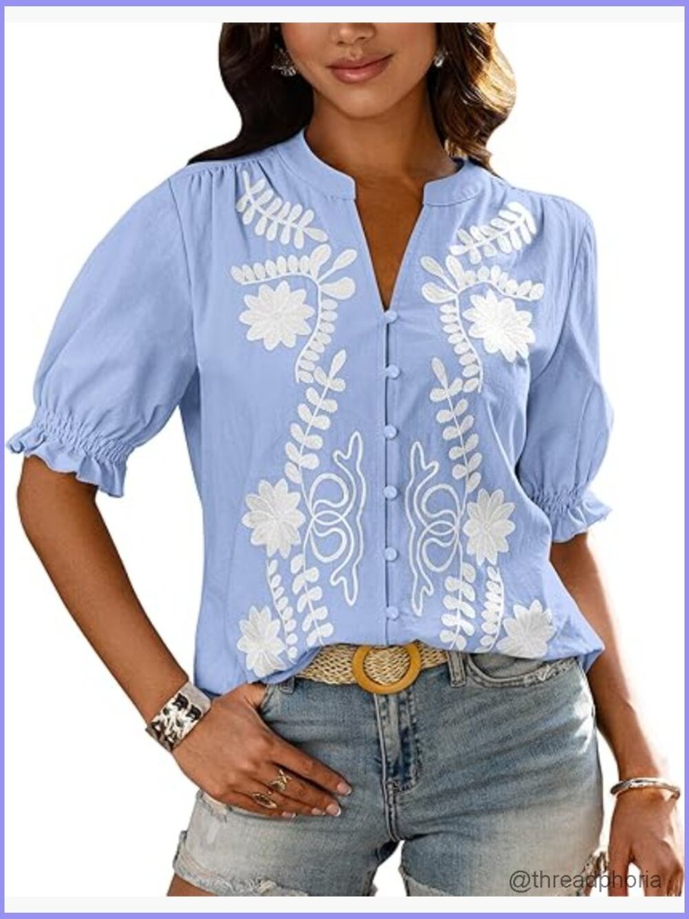 V Neck Puff Short Sleeve Button Down Floral Blouse Tunic Top